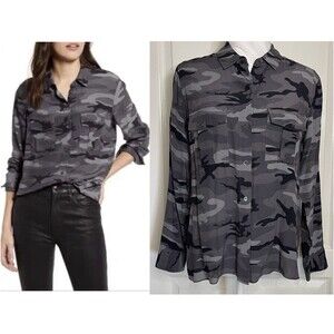 Rails Rhett Charcoal Camo Button Down Long Sleeve Blouse in Gray Women’s Sm